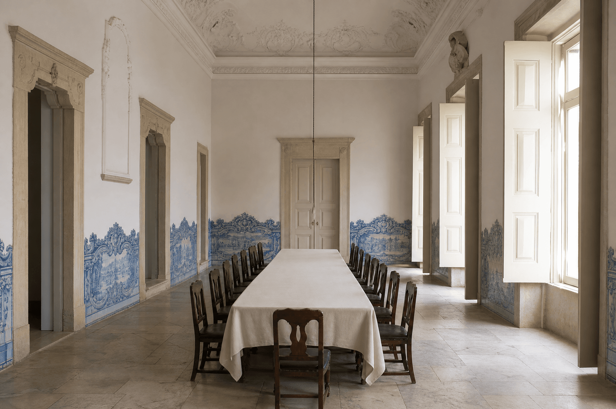 A tiled salon in a Lisbon palácio with shuttered windows half open to morning light and a long table for sixteen.
