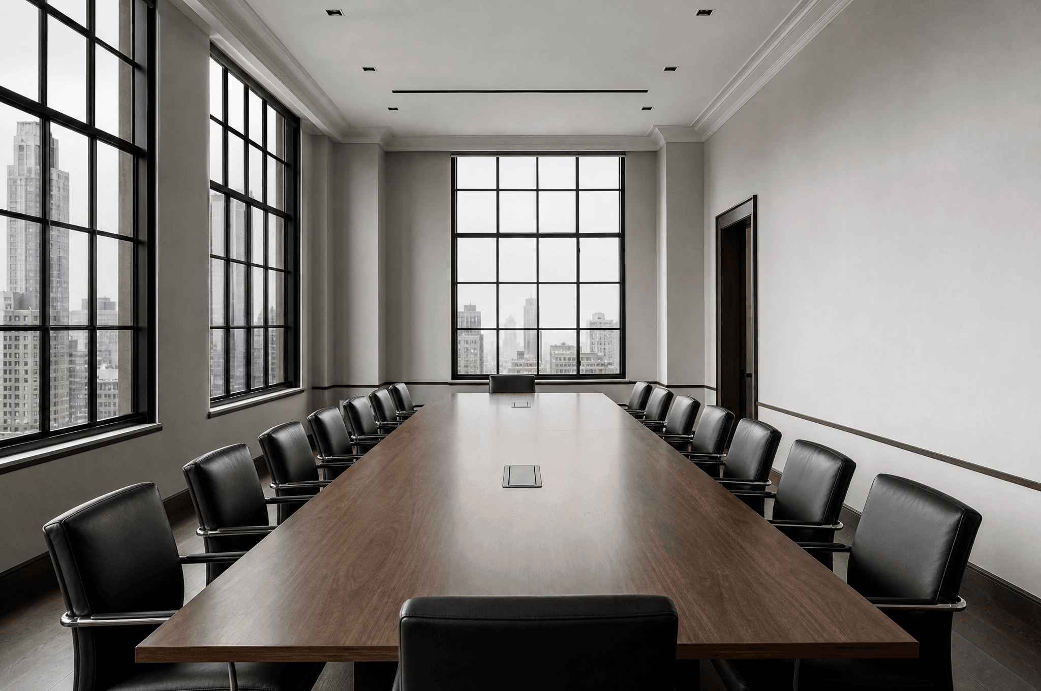 A private boardroom high in a prewar Manhattan building, steel-framed windows onto a grey skyline.